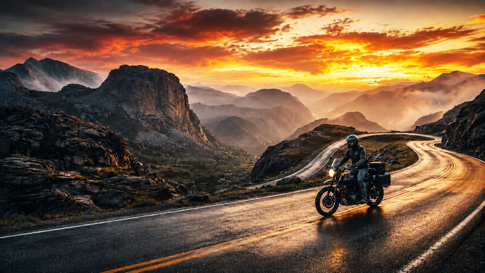 Ruta en moto al atardecer